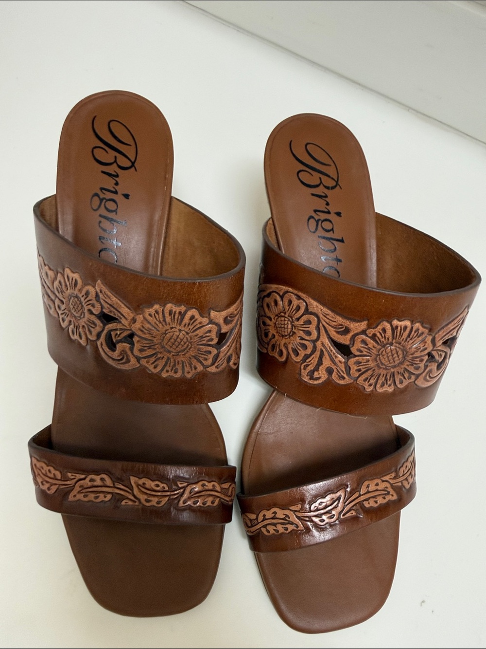 Brighton Brown Floral Tooled Leather Slide Sandals
